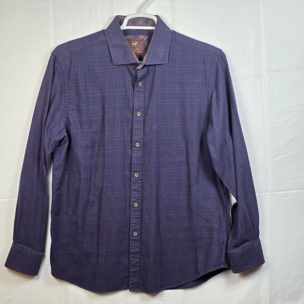 James Tattersall Men's Large XL London Blue Plaid Long Sleeve Shirt with Fraying
